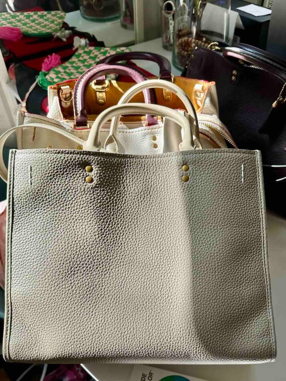 NWT QUINCE 30/31 Italian Leather Medium Convertible Satchel Taupe Ecru 3way bag - Picture 3 of 16